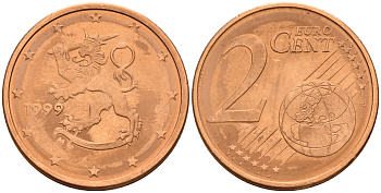 Финляндия 2 евроцента 1999  KM 99 сталь плакированная медью  UNC  4160-356