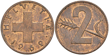 Швейцария 2 раппена 1969 KM 47 бронза 4592-613