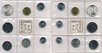 Сан-Марино годовой набор из 8 монет 1972 1, 2, 5, 10, 20, 50, 100 и 500 лир мать поднимает ребенка в воздух KM 14-21, в оригинальной пластиковой запайке серебро KM MS1 серебро UNC 5-4-3-55