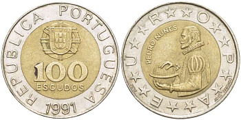 Португалия 100 эскудо 1991 Педру Нуниш (1502-1578), математик KM 645.1 биметалл 4521-316