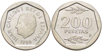 ИСПАНИЯ 200 ПЕСЕТ 1986 ХУАН КАРЛОС I (1975-) KM 829 медно-никель 210-912