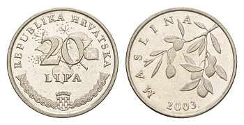 Хорватия 20 лип 2003 олива, нечетный год KM 7 сталь плакированная никелем UNC 3309-1255