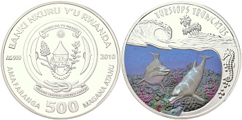 Руанда 500 франков 2010 Афалина (Tursiops truncatus), тираж 5.000 экземпляров KM 72 серебро PROOF 11-040-11