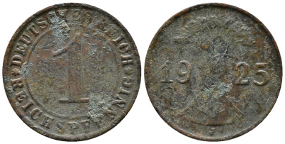 ГЕРМАНИЯ 1 РЕЙХСПФЕННИГ 1925 J KM 37, J. 313 бронза 39-927