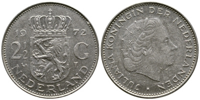 Нидерланды 2 1/2 гульдена 1972 Юлиана (1948-1980) KM 191 никель 221-113