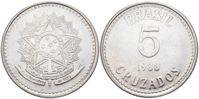 Бразилия 5 крузадо 1988 реформа 1986-1989 KM 606 нержавеющая сталь 219-825