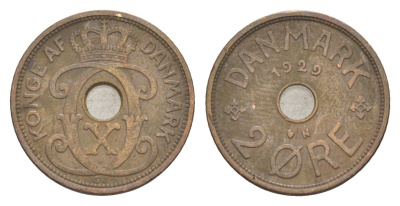 Дания 2 эре 1929 N, Кристиан X (1912-1947) KM 827 бронза 4639-744