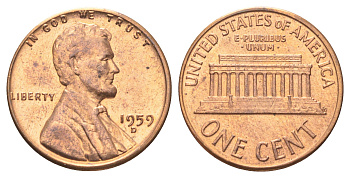 США 1 цент 1959 D, Линкольн KM 201 медь цинк UNC 214-664