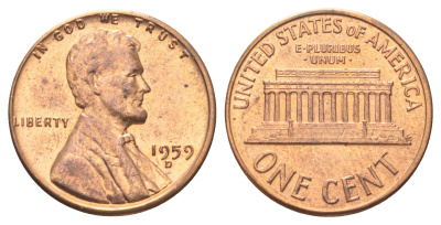 США 1 цент 1959 D, Линкольн KM 201 медь цинк UNC 214-664