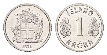 Исландия 1 крона 1976 KM 23 алюминий UNC 4687-764