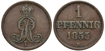 Ганновер 1 пфенниг 1855 B, Георг V KM 221, AKS 155, J. 83 медь 4594-165