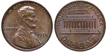 США 1 ЦЕНТ 1974 ЛИНКОЛЬН KM 201 медь цинк 72-1652