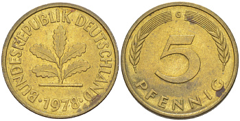 ФРГ 5 ПФЕННИГОВ 1978 G KM 107, J. 382 сталь плакированная латунью 4181-957