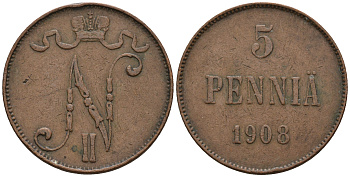 Россия для Финляндии 5 пенни 1908 Николай II (1894-1917) KM 15, Биткин 449 медь 259-1151