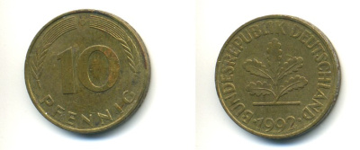ФРГ 10 ПФЕННИГОВ 1992 D KM 108, J 383 сталь плакированная латунью 80-321