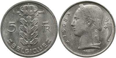 БЕЛЬГИЯ 5 ФРАНКОВ 1968 BELGIQUE KM 134.1 медно-никель 98-637