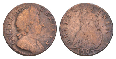 Англия 1 фартинг 1697 Вильгельм III (1694-1702) KM 483.1, Spink 3557 медь 3711-621