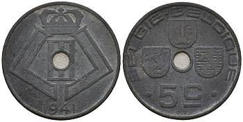 Бельгия 5 сантимов 1941 Belgie - Belgique KM 124 цинк 4543-134