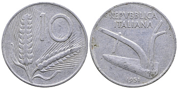 ИТАЛИЯ 10 ЛИР 1951 R. ПЛУГ KM 93 алюминий 54-2024
