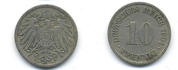 ГЕРМАНИЯ 10 ПФЕННИГОВ 1901 A KM 12, J. 13 медно-никель 58-237