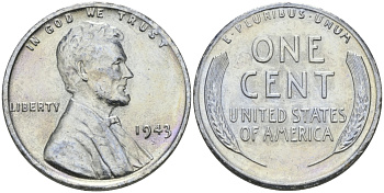 США 1 цент 1943 S (Сан-Франциско), Авраам Линкольн KM 132 a сталь плакированная цинком 96-1155