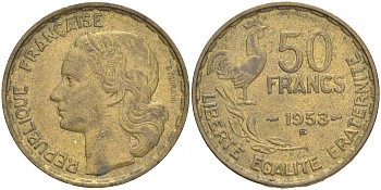ФРАНЦИЯ 50 ФРАНКОВ 1953 В KM 918.2 алюминиевая бронза 189-325