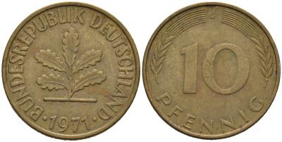 ФРГ 10 пфеннигов 1971 J KM 108, J. 383 сталь плакированная латунью 4681-1132