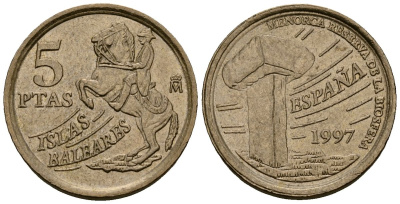 Испания 5 песет 1997 Хуан Карлос I (1975-2014), Балеарские острова, всадник KM 981 алюминиевая бронза 4173-714