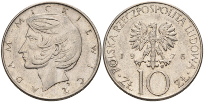 Польша 10 злотых 1976 MW, Адам Мицкевич KM 74 медно-никель    4150-441
