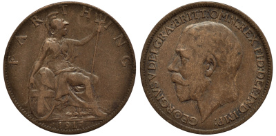 Великобритания 1 фартинг 1917 Георг V (1910-1936), темная отделка KM 808.1, Spink 4059 бронза 4114-733