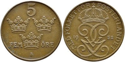 Швеция 5 эре 1932 Густав V (1907-1950) KM 779.2 бронза 4394-924