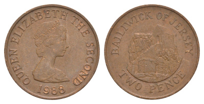 Джерси 2 пенса 1988 Сент-Хелиер, Елизавета II (1952-2022) KM 55 бронза 4656-1126
