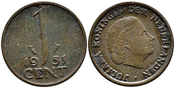 Нидерланды 1 цент 1951 Юлиана (1948-1980) КМ 180 бронза 4392-426