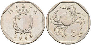 Мальта 5 центов 1993 краб KM 95 медно-никель 4588-124