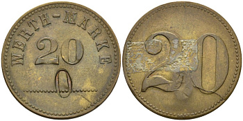 Германия платежный жетон XIX-XX 20 WERT-MARKE, диаметр 21 мм. латунь 91-516