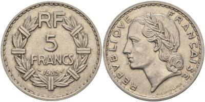 Франция 5 франков 1935 KM 888 никель 4144-412