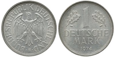 ФРГ 1 МАРКА 1974 F KM 110, J. 385 медно-никель aUNC 72-837