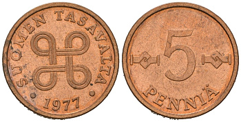 Финляндия 5 пенни 1977 KM 45 медь 99-848