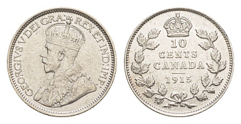 Канада 10 центов 1915 Георг V (1910-1936), самый редкий год типажа, тираж - 688.057 экземпляров KM 23 серебро 1527-645