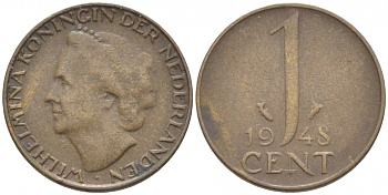 Нидерланды 1 цент 1948 Вильгельмина (1890-1948), год тип KM 175 бронза 112-322