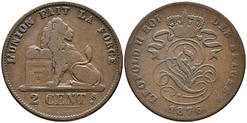 Бельгия 2 сантима 1876 Belges, Леопольд II (1865-1909) KM 35.1 медь 3334-453
