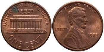 США 1 цент 1989 Линкольн KM 201b цинк плакированный медью 66-1035