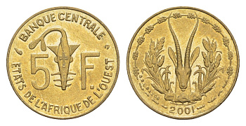Западная Африка (BCEAO) 5 франков 2001 Центральный банк государств Западной Африки KM 2a медь алюминий никель UNC 4643-751
