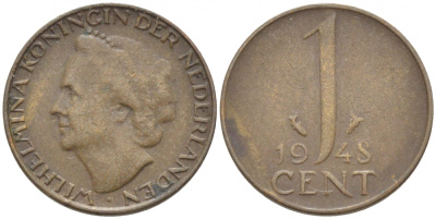 Нидерланды 1 цент 1948 Вильгельмина (1890-1948), год тип KM 175 бронза 112-322