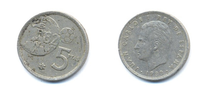 Испания 5 песет 1982 чемпионат мира по футболу 1982 KM 817 медно-никель 54-1841