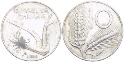 ИТАЛИЯ 10 ЛИР 1956 R, ПЛУГ, КОЛОСЬЯ KM 93 алюминий 175-357