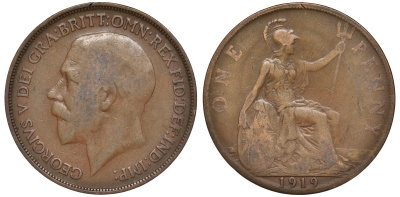 Великобритания 1 пенни 1919 Георг V (1910-1936) KM 810, Spink 4051 бронза 4123-1113