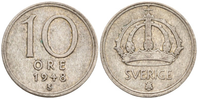 Швеция 10 эре 1948 TS, Густав V (1907-1950) KM 813 серебро 4147-854