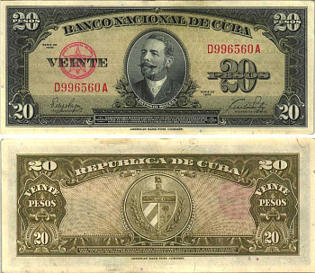 КУБА 20 ПЕСО 1949 АНТОНИО МАСЕО, КРАСНАЯ СЕРИЯ Pick 80a бумага аUNC 7191-30-3-1