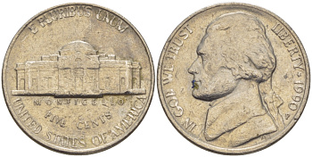 США 5 ЦЕНТОВ 1990 Р, ДЖЕФФЕРСОН KM А192 медно-никель 31-711